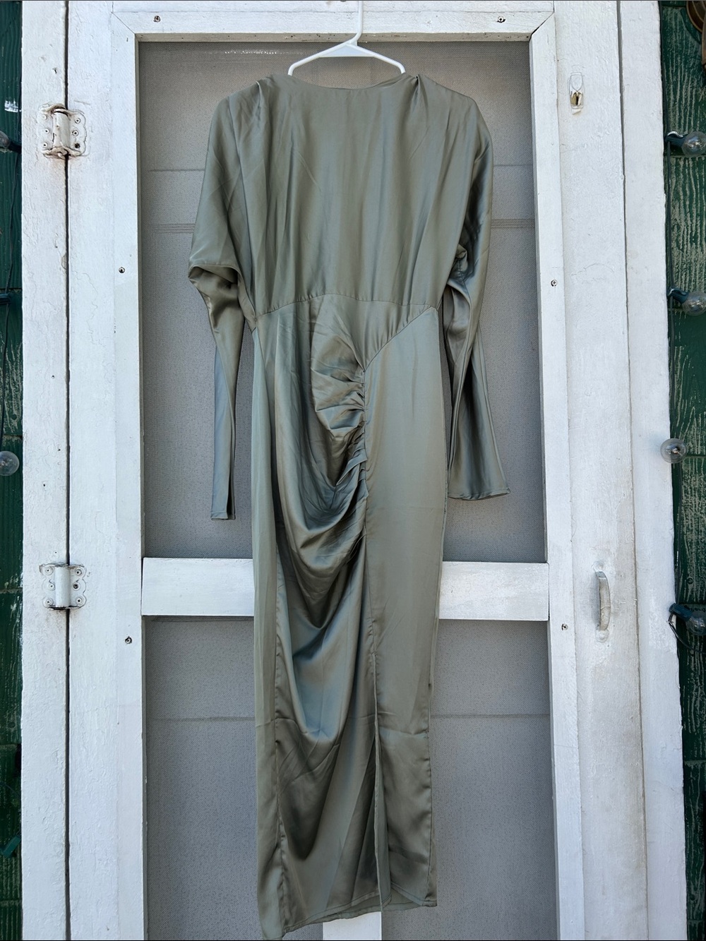 Olive Green Long Sleeve Ruched Midi satin Dress
